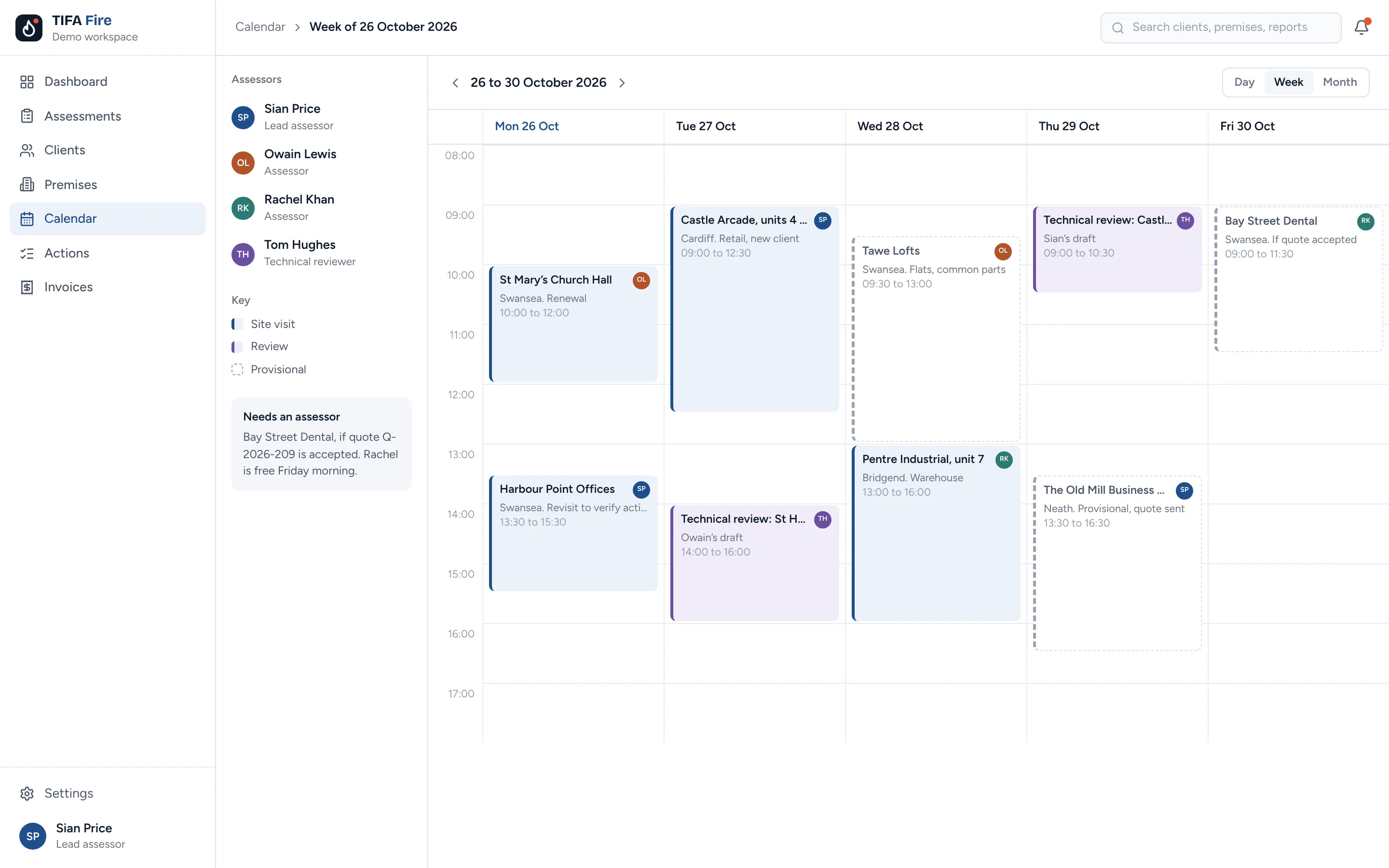 Week calendar for four assessors with site visits, reviews and provisional bookings.