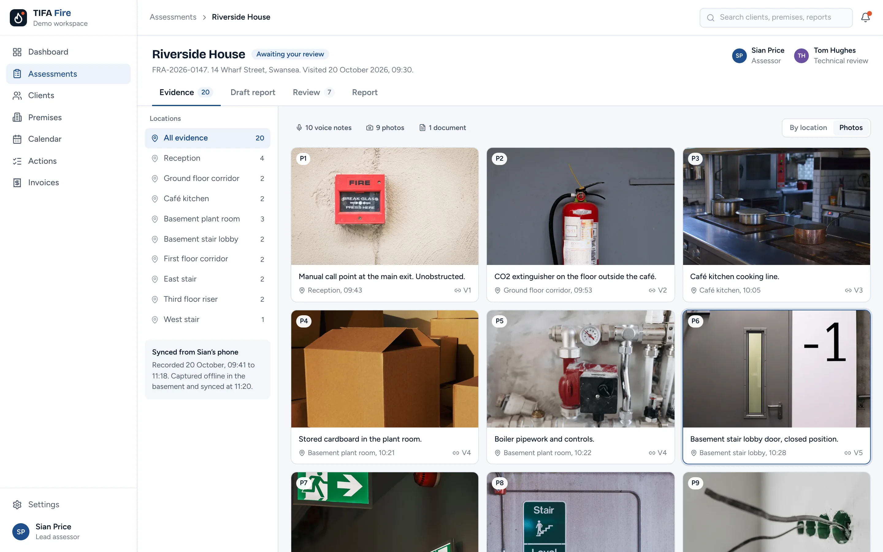 Photo evidence for Riverside House, each photo tagged with its location, time and linked voice note.
