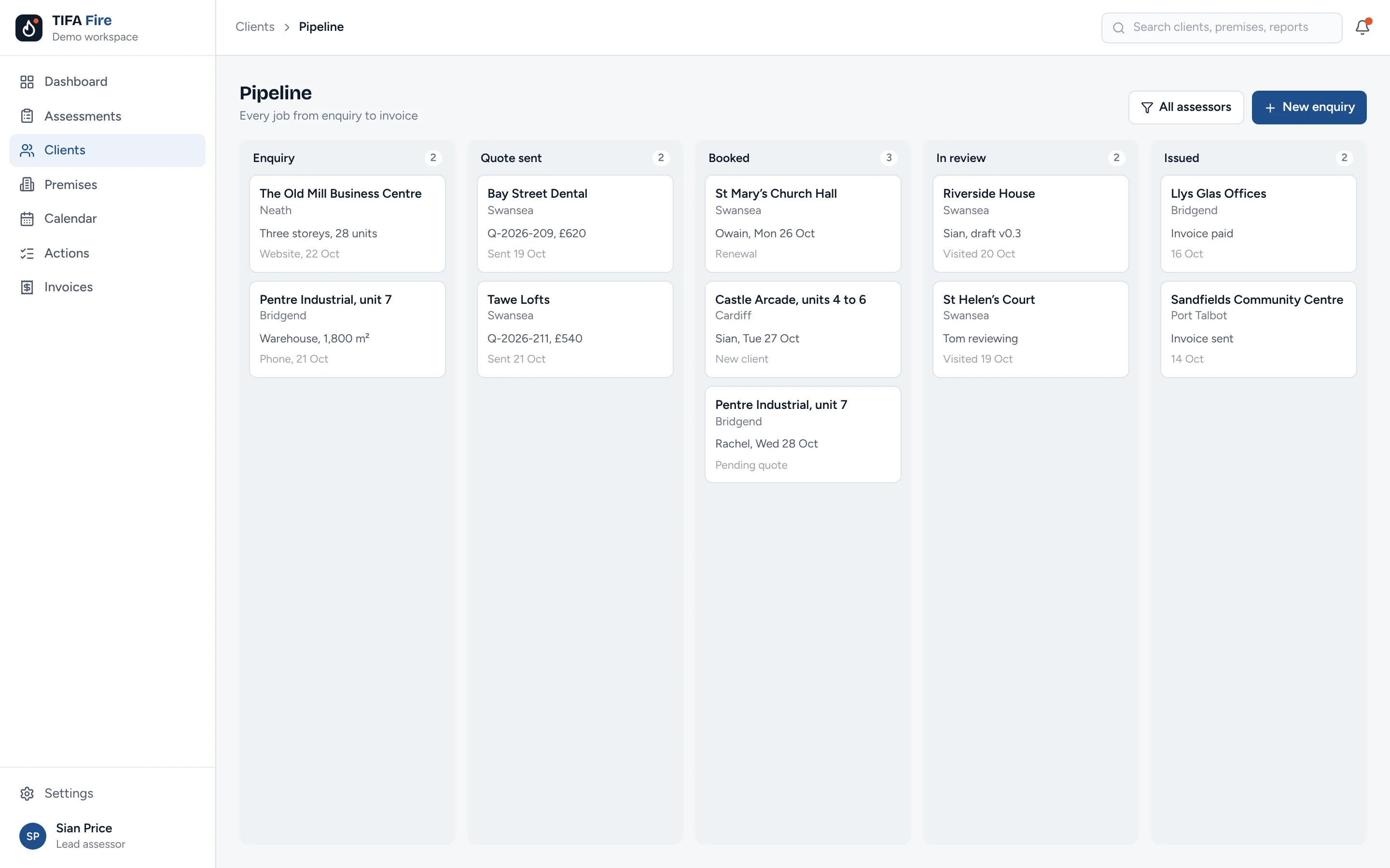 Pipeline of jobs from enquiry through quote, booking and review to issue.