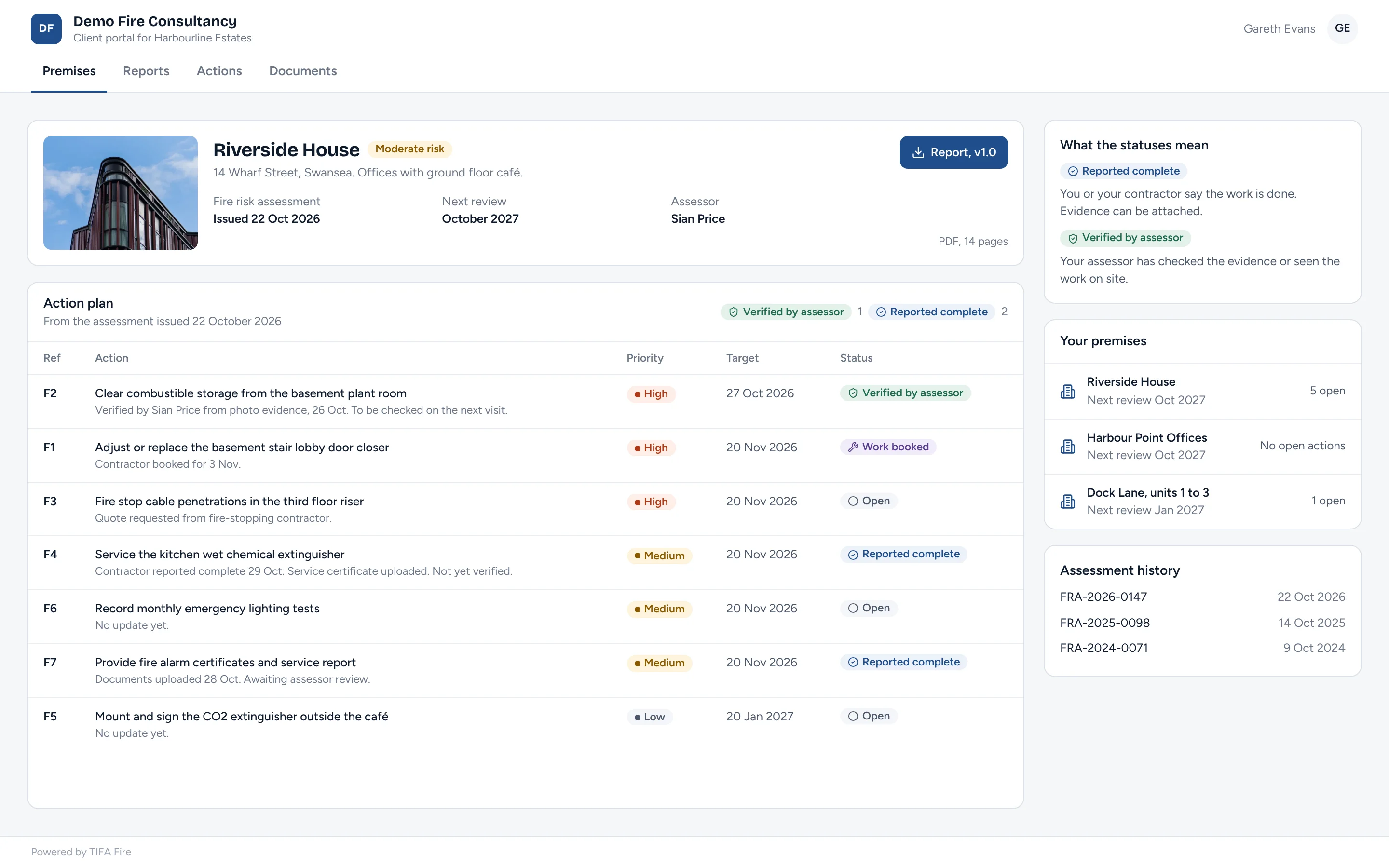 Client portal for Harbourline Estates showing Riverside House, the report download and the action plan with statuses.