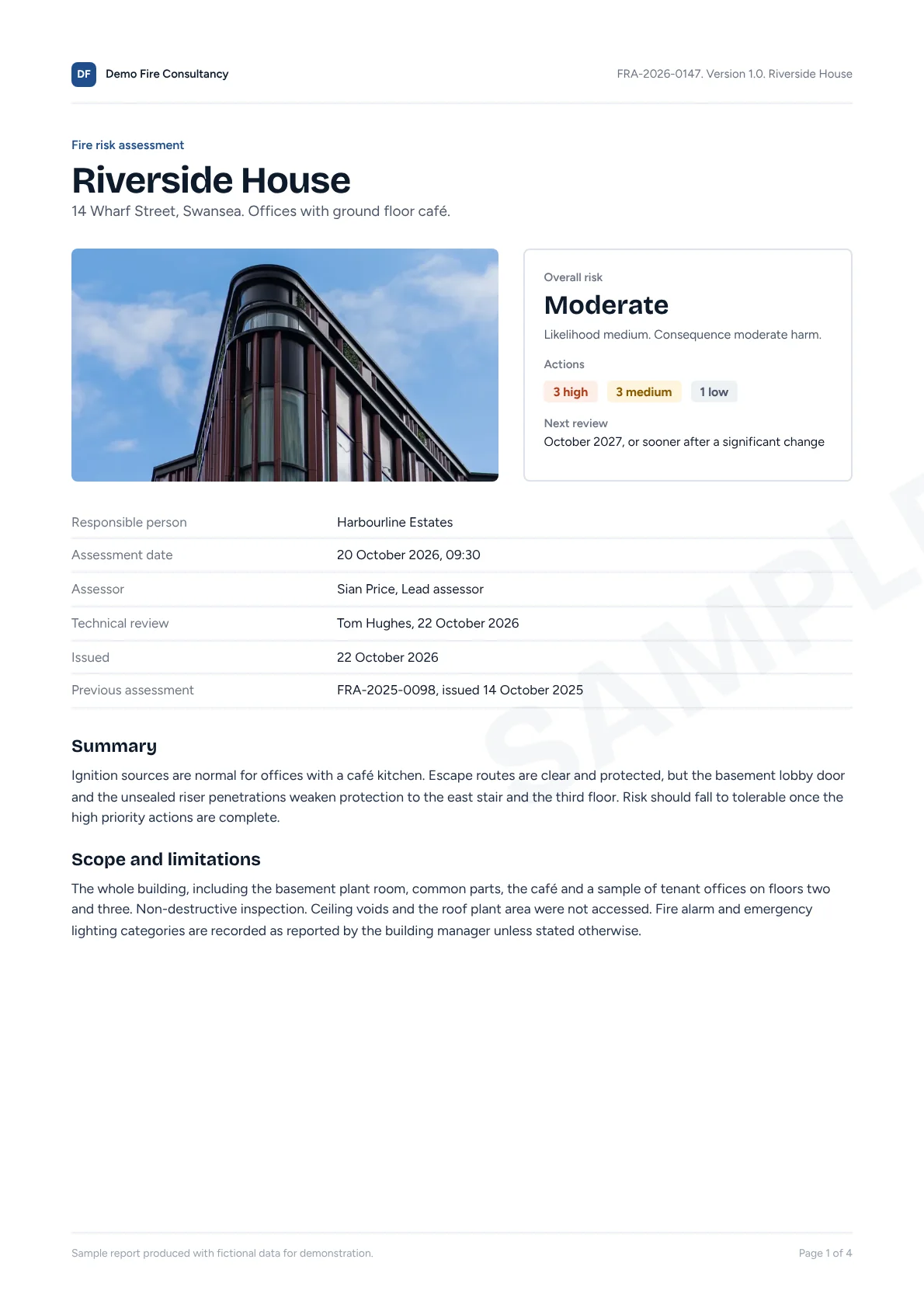 Sample report cover with overall risk, actions by priority and key details